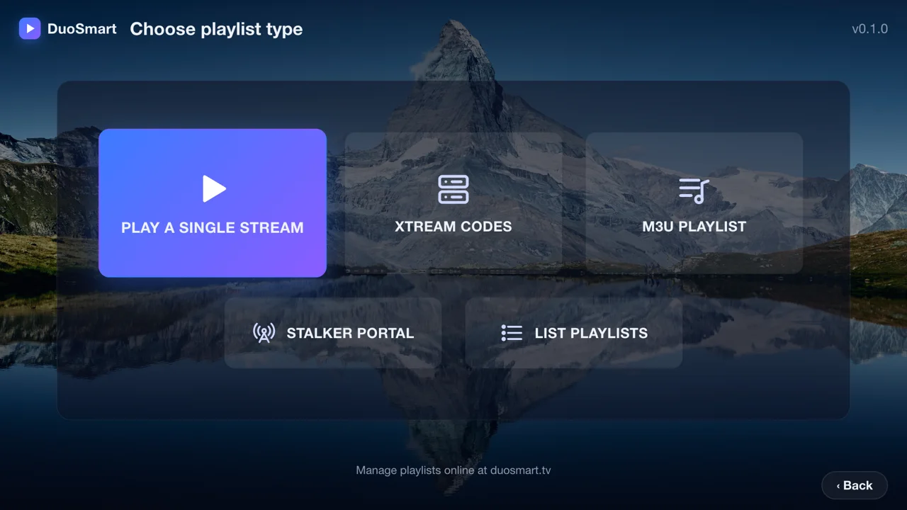 Choosing a playlist type: Xtream Codes, M3U or Stalker portal