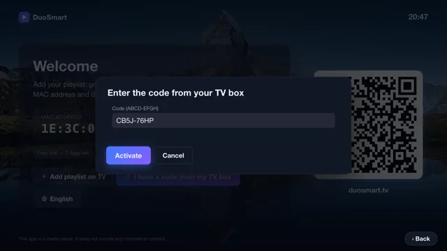 Entering the code from the TV box in the app