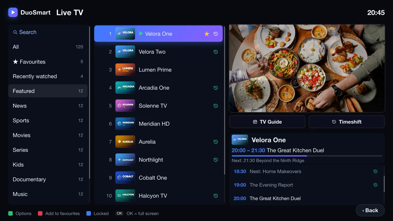 Live TV: channel categories, channel list with logos, a preview playing and the programme now and next