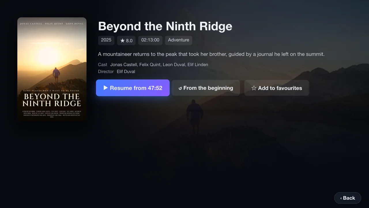 A movie page with a Resume from 47:52 button