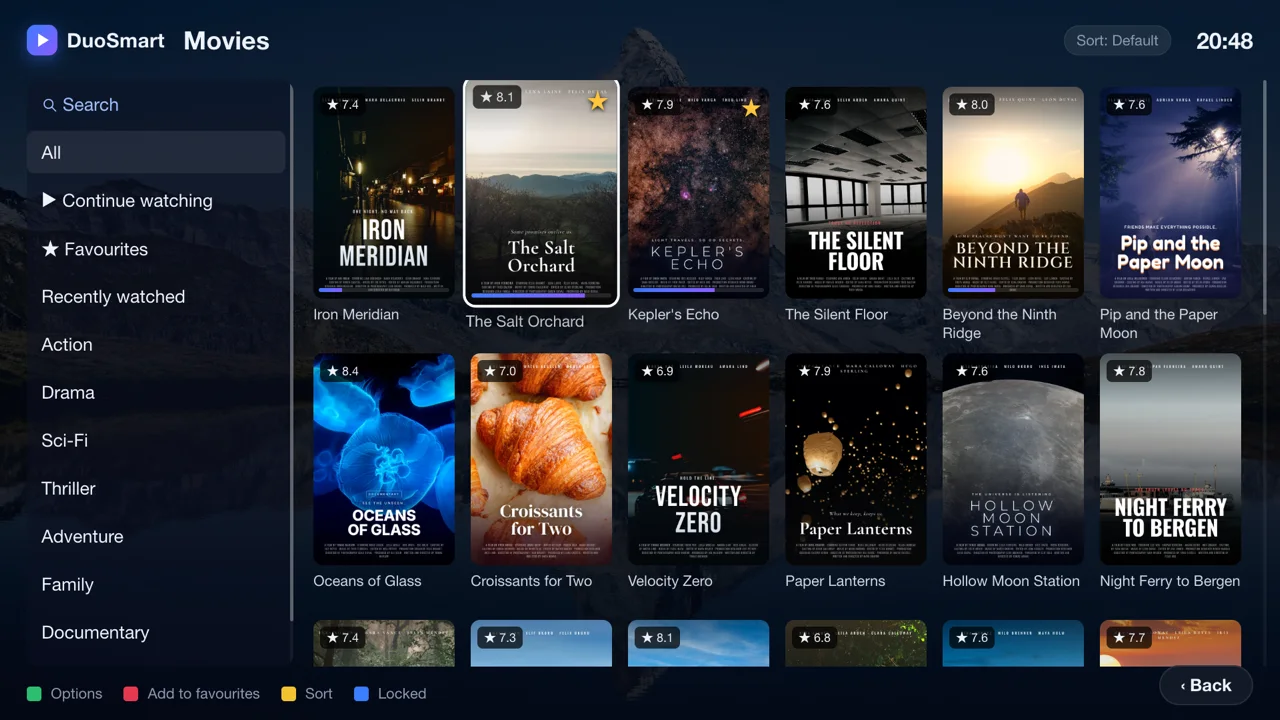 Movies: a poster grid with ratings and a Continue watching row