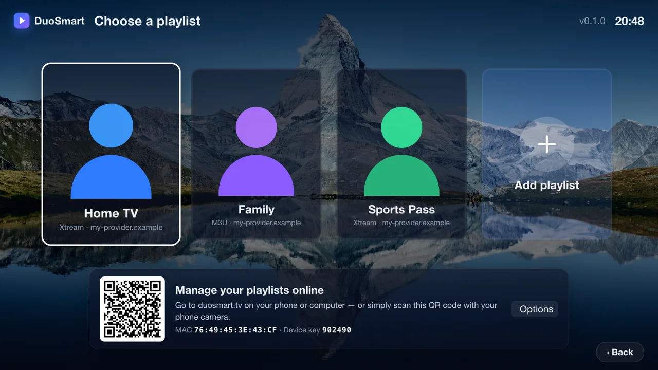 Three playlists and a QR code to manage them from a phone