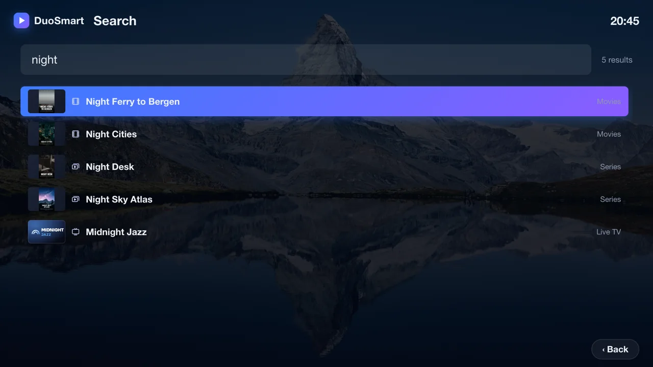 Search results across movies, series and live TV