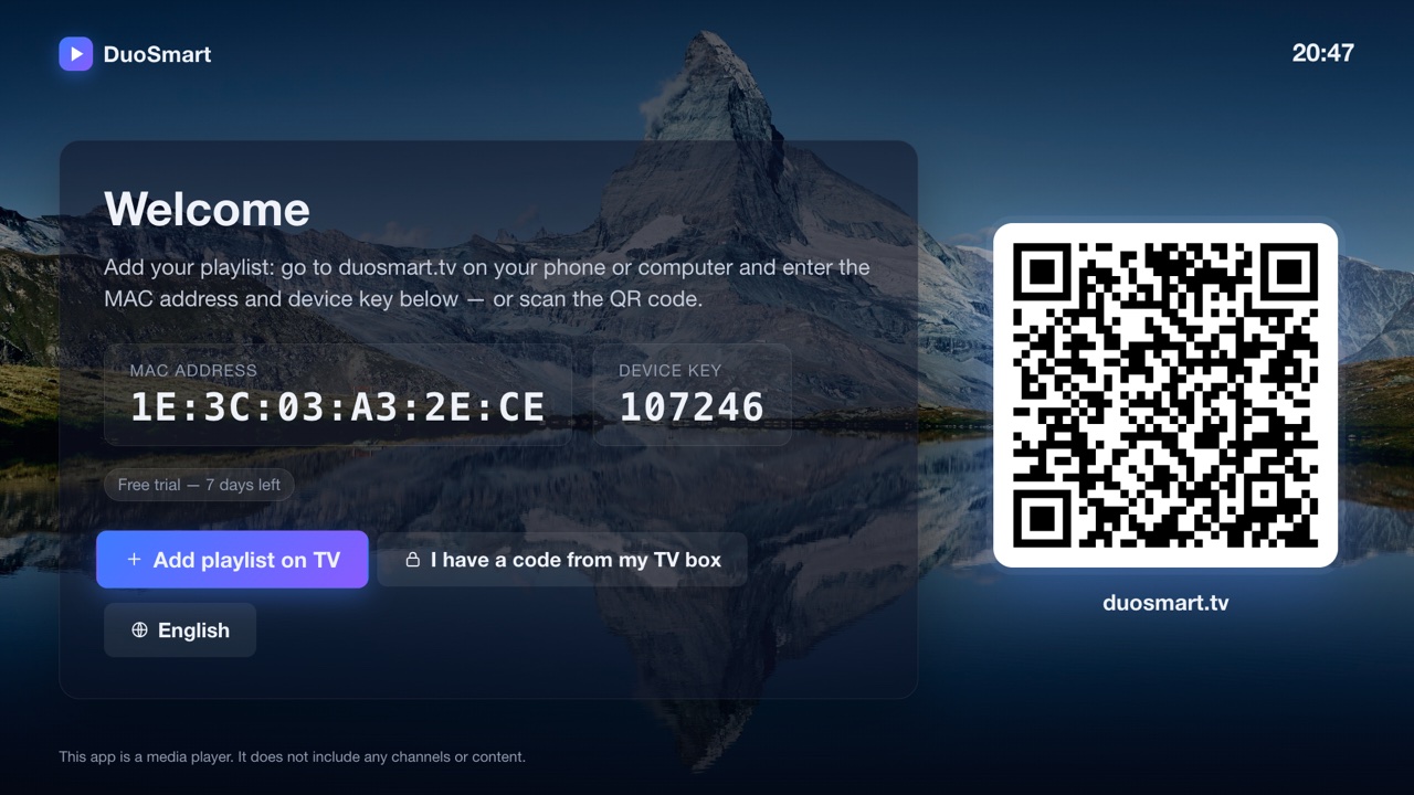 The start screen of the Duo Smart TV App with the MAC address, the device key and a QR code