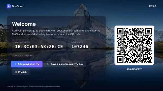 The welcome screen with the MAC address, device key and a QR code